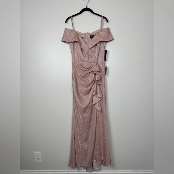 XSCAPE EVENINGS Blush / Silver Ruffle Off the Shoulder Foil Knit Trumpet Gown - Picture 5 of 11